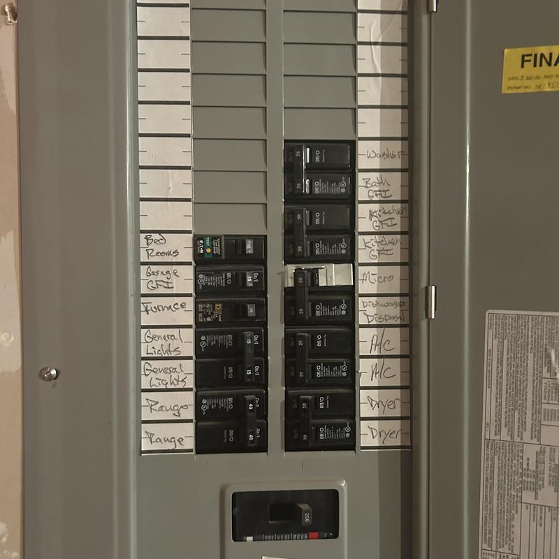 Main electrical panel breaker labels and switches installation