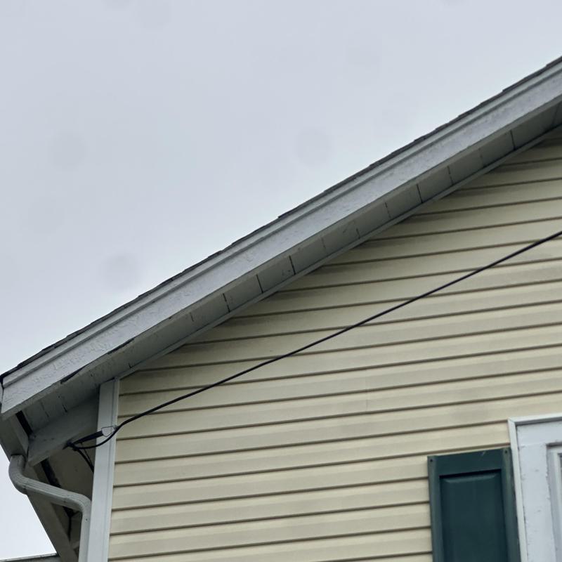 Roof gutter and fascia repair on beige siding house