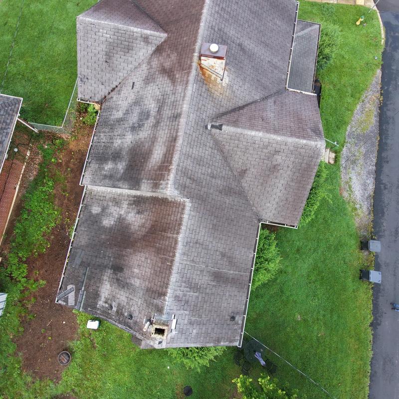 Asphalt shingle roof with discoloration and stains