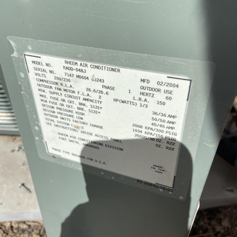 Rheem air conditioner model and electrical specs label