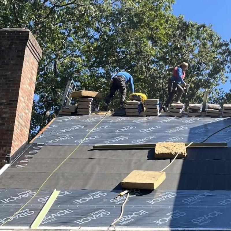 Roof underlayment and tile installation on steep roof