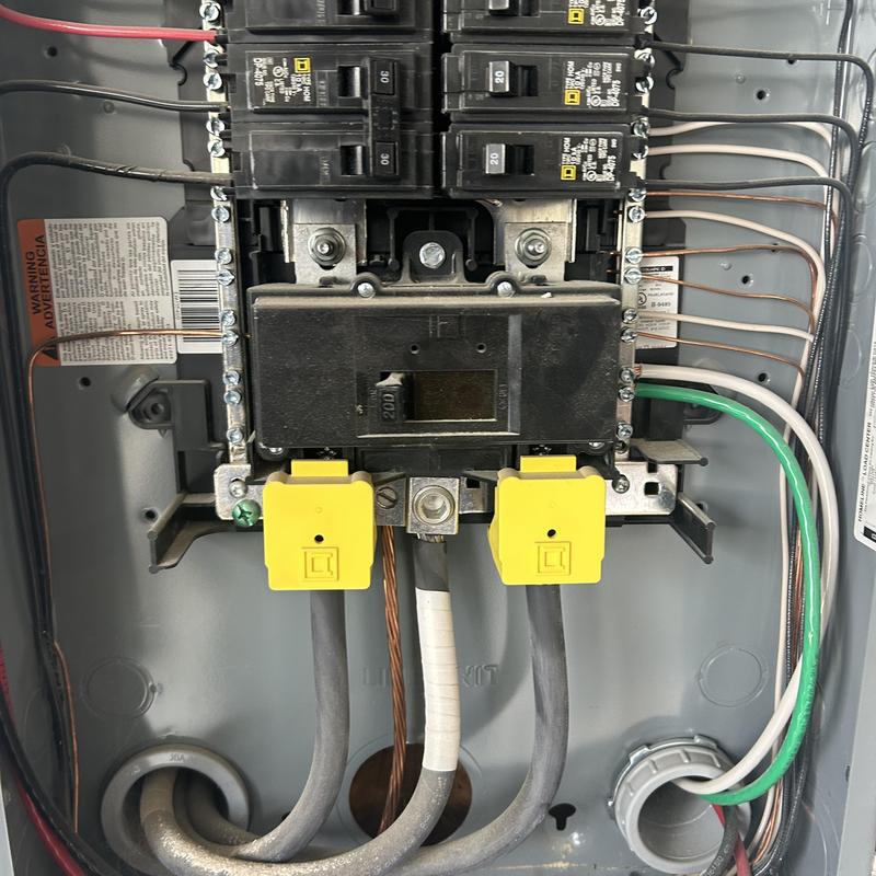 Electrical breaker panel with circuit breakers and wiring