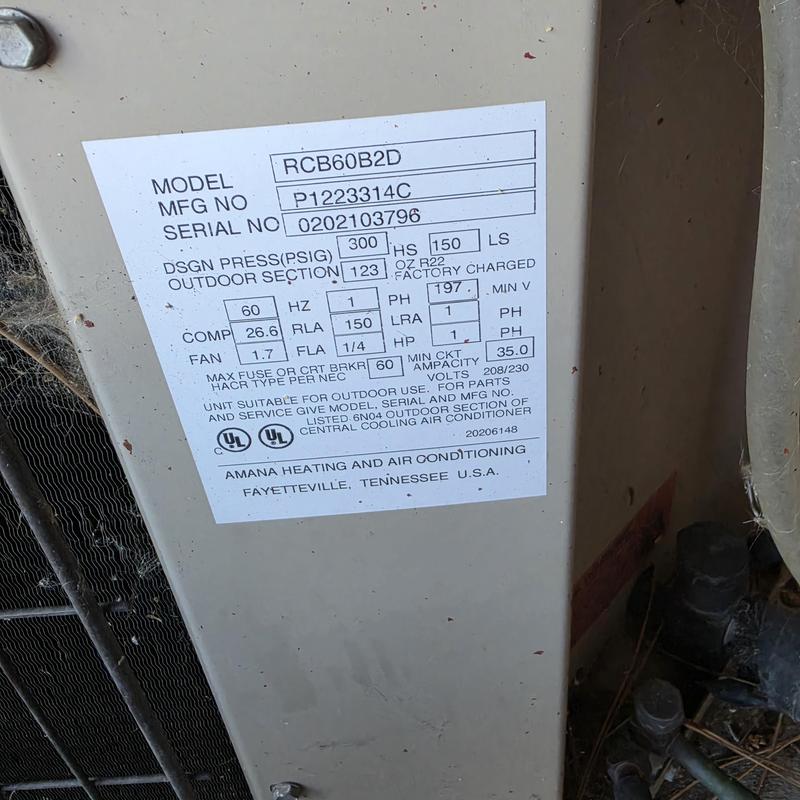 Amana air conditioner model RCB60B2D label close-up