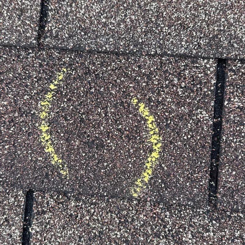 Asphalt shingle with hail damage marked in yellow