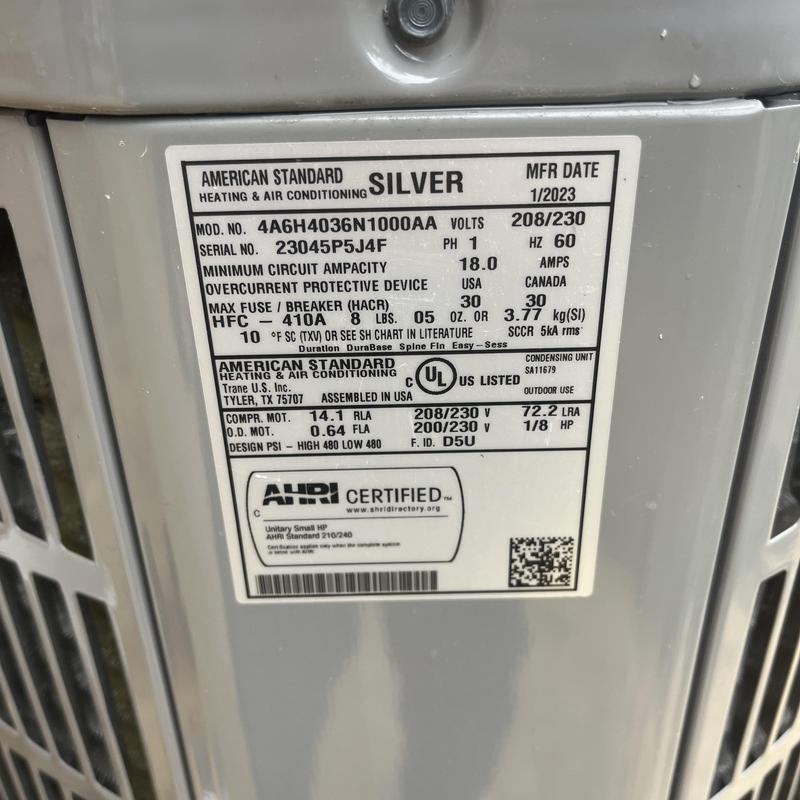 American Standard heat pump model label close-up American Standard heat pump model label close-up
