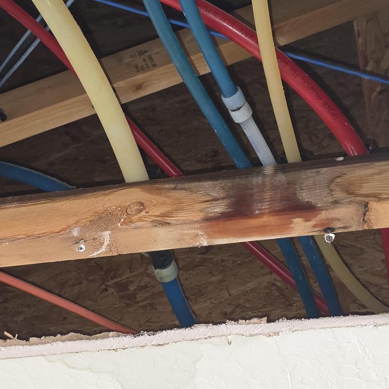 Pex water supply lines and water damage on ceiling beam