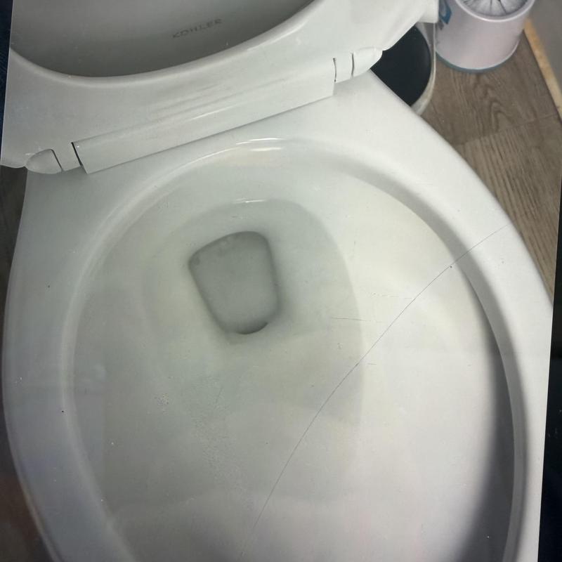 Toilet bowl with water and open lid, wooden floor nearby