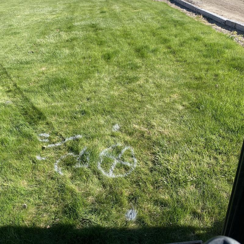 Septic inlet pipe repair site marked on grass lawn