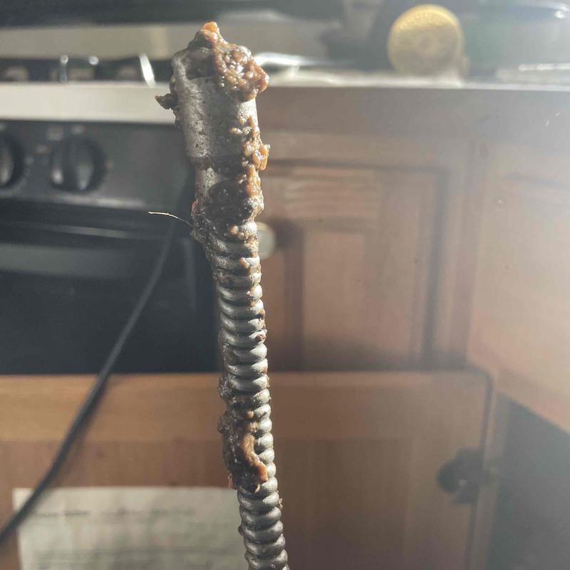 Kitchen sink drain snake with heavy debris buildup