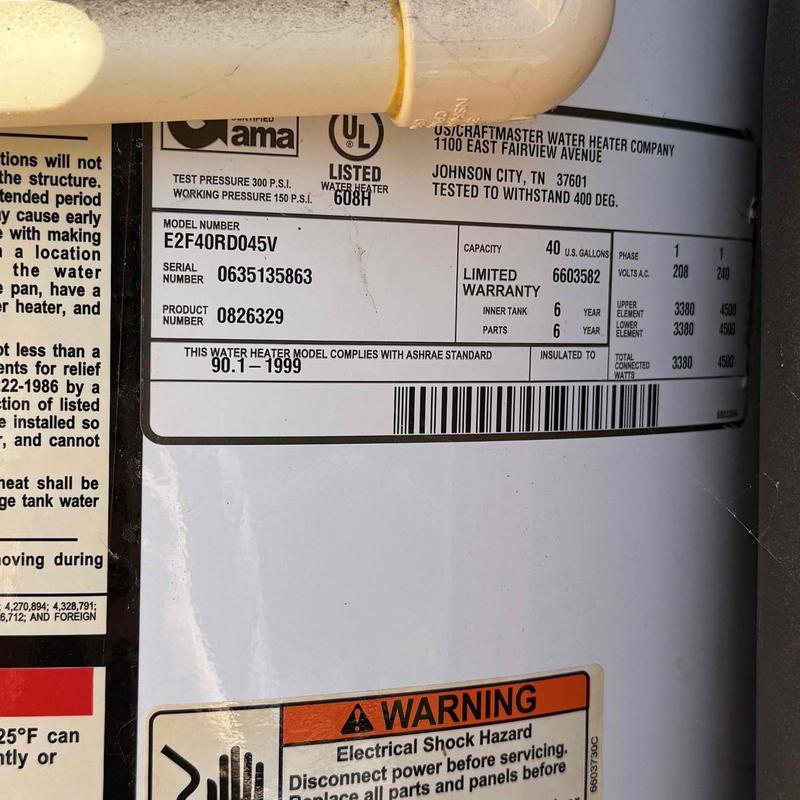 40-gallon electric water heater label and warning sign