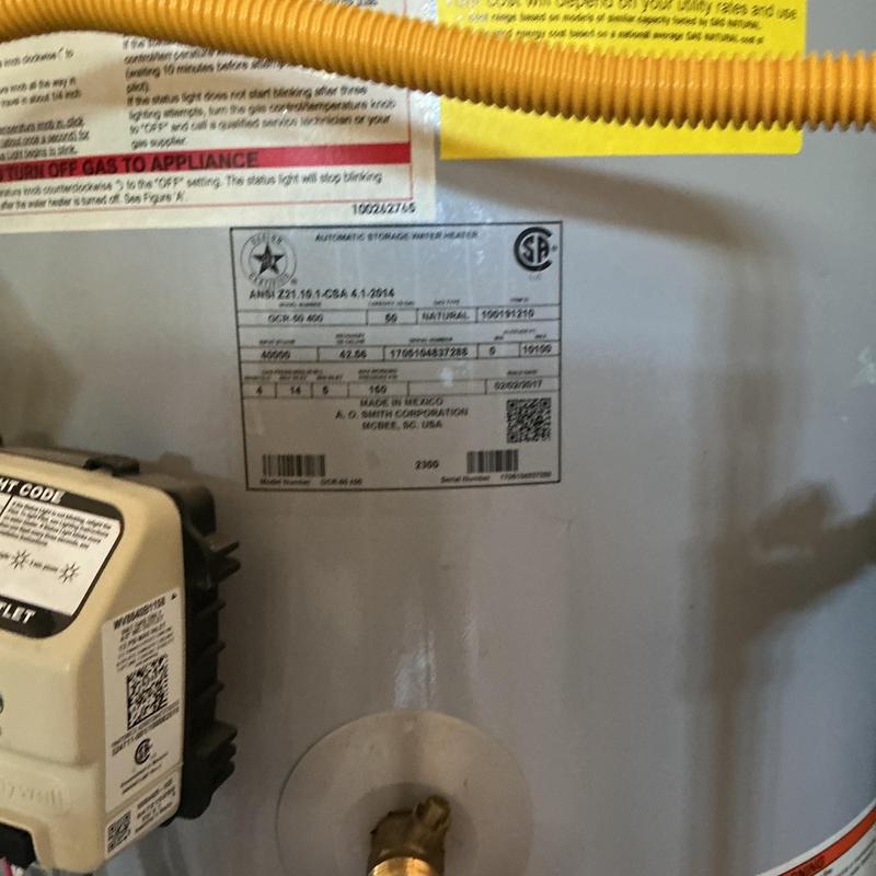 50 Gallon gas water heater label and control valve close-up