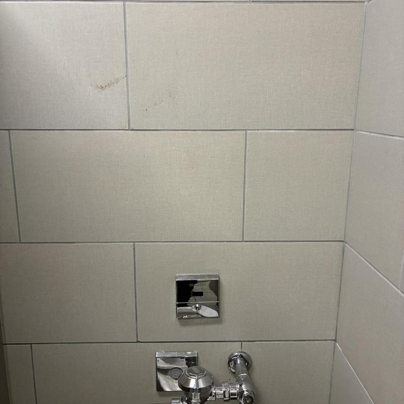 Flush valve assembly in men's restroom wall Flush valve assembly in men's restroom wall