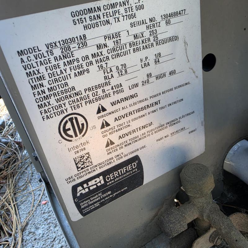 Goodman VSX130301AB air conditioner label close-up