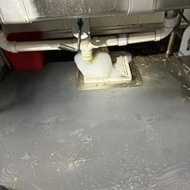 Drain grate under compartment sink with foam sealant Drain grate under compartment sink with foam sealant