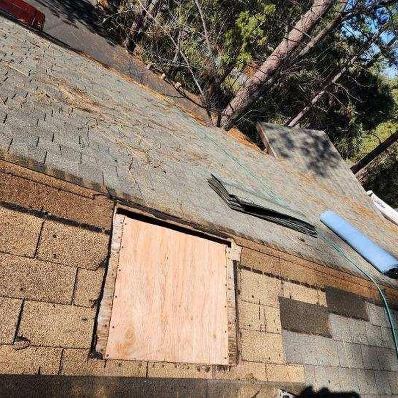 Cabin roof shingle replacement with plywood patch