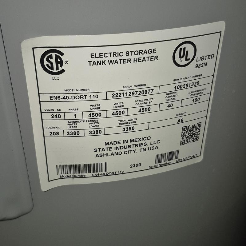 Electric storage tank water heater label and specs