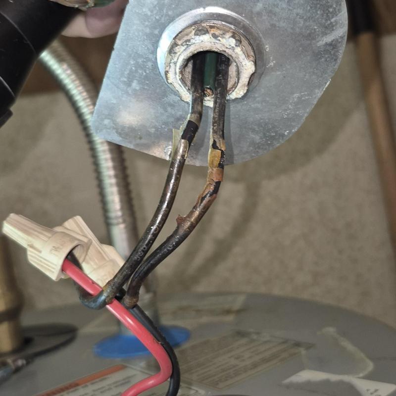 Water heater element wiring corrosion and damage close-up