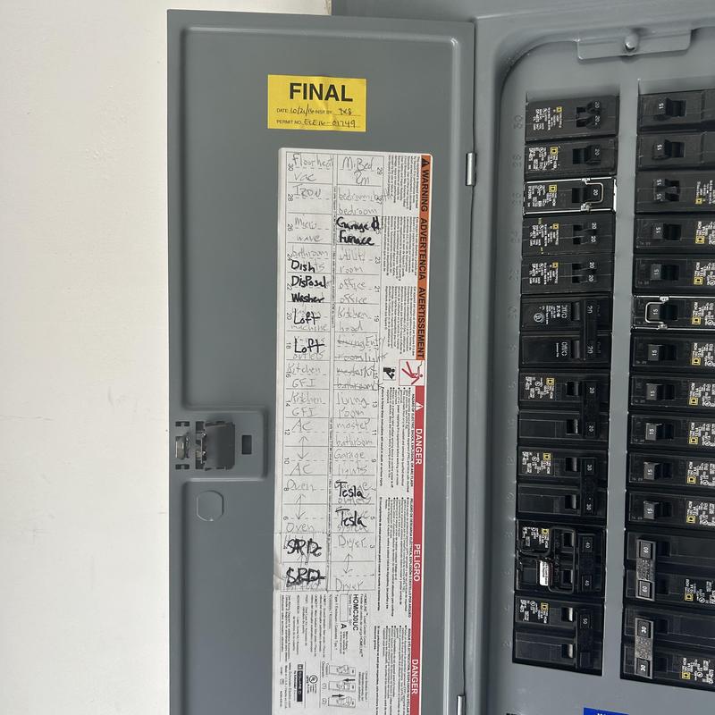 Electrical panel with labeled circuit breakers and final inspection label Electrical panel with labeled circuit breakers and final inspection label