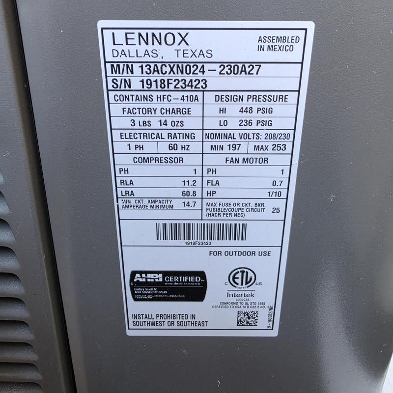 Lennox 13ACXN024 air conditioner label and specs