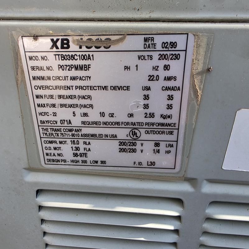 Trane air conditioner model TTB036C100A1 label