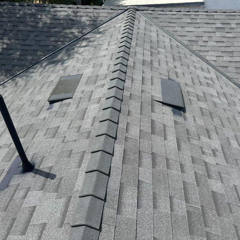 Shingle roof with ridge vents and vent covers Shingle roof with ridge vents and vent covers
