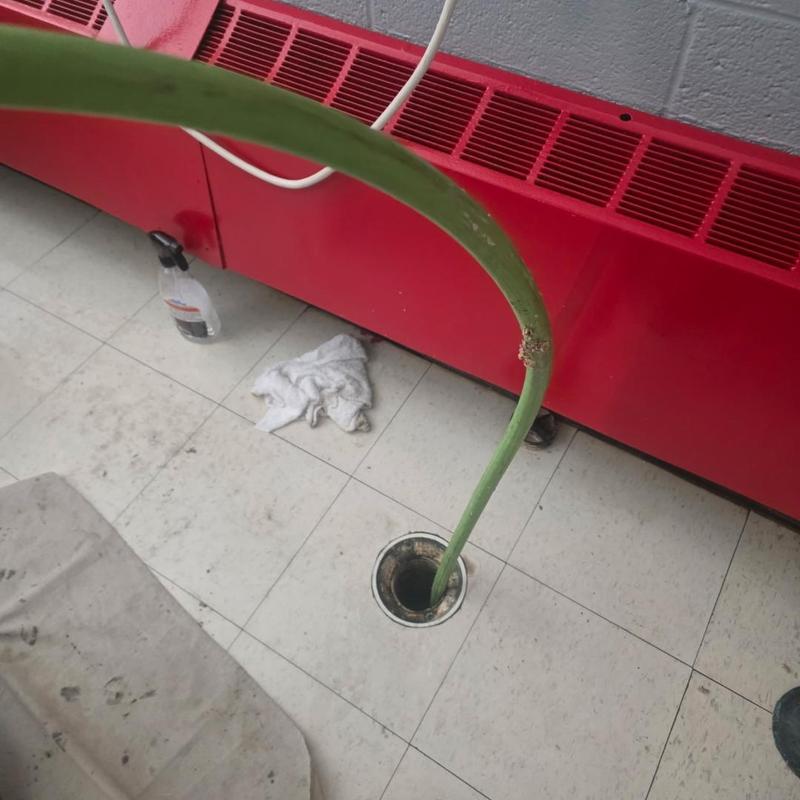 Main sewer cleaning with drain snake in floor drain