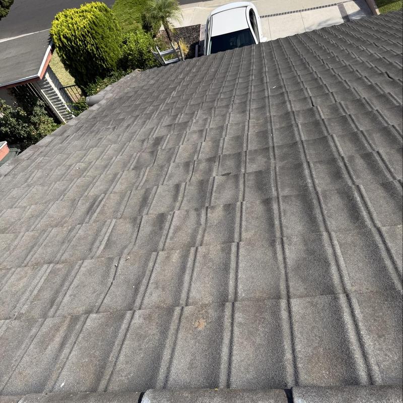 Concrete tile roof surface with minor discoloration Concrete tile roof surface with minor discoloration