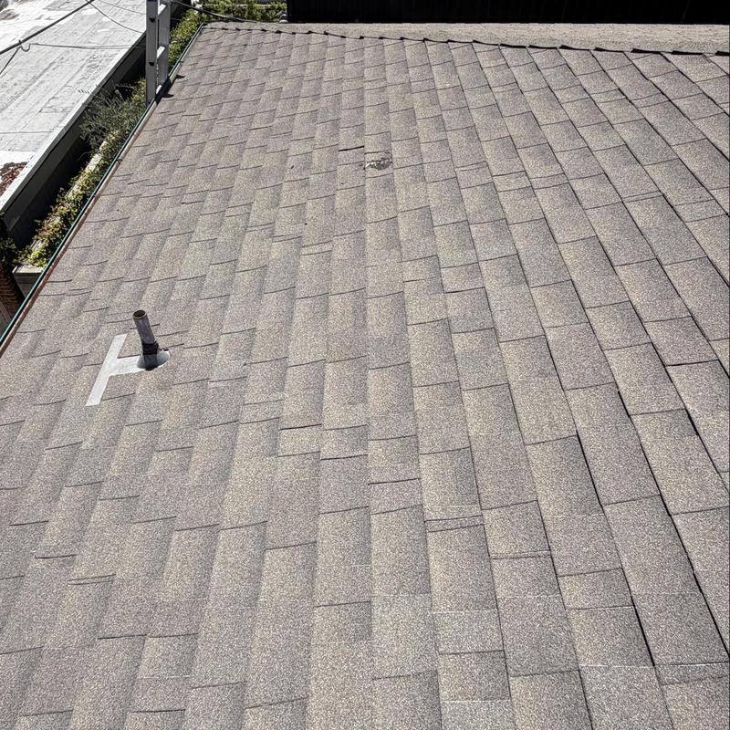 Shingle roof with damaged shingles and vent pipe flashing Shingle roof with damaged shingles and vent pipe flashing