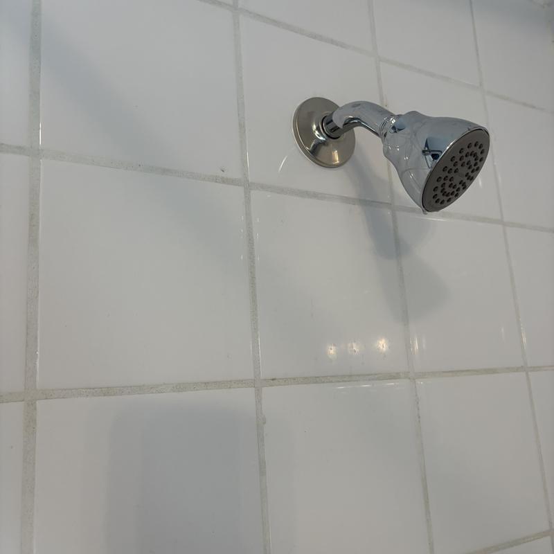Chrome shower head and white tiled wall