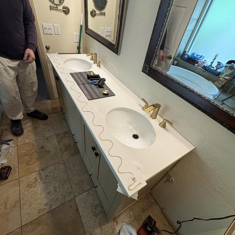 Widespread lavatory faucet and vanity installation