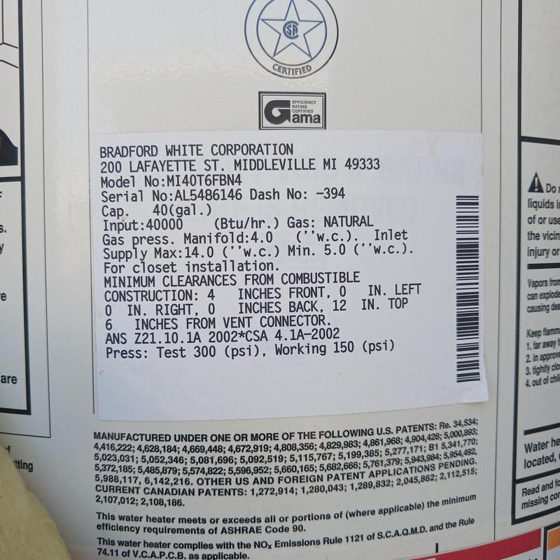 40 gallon Bradford White water heater label details