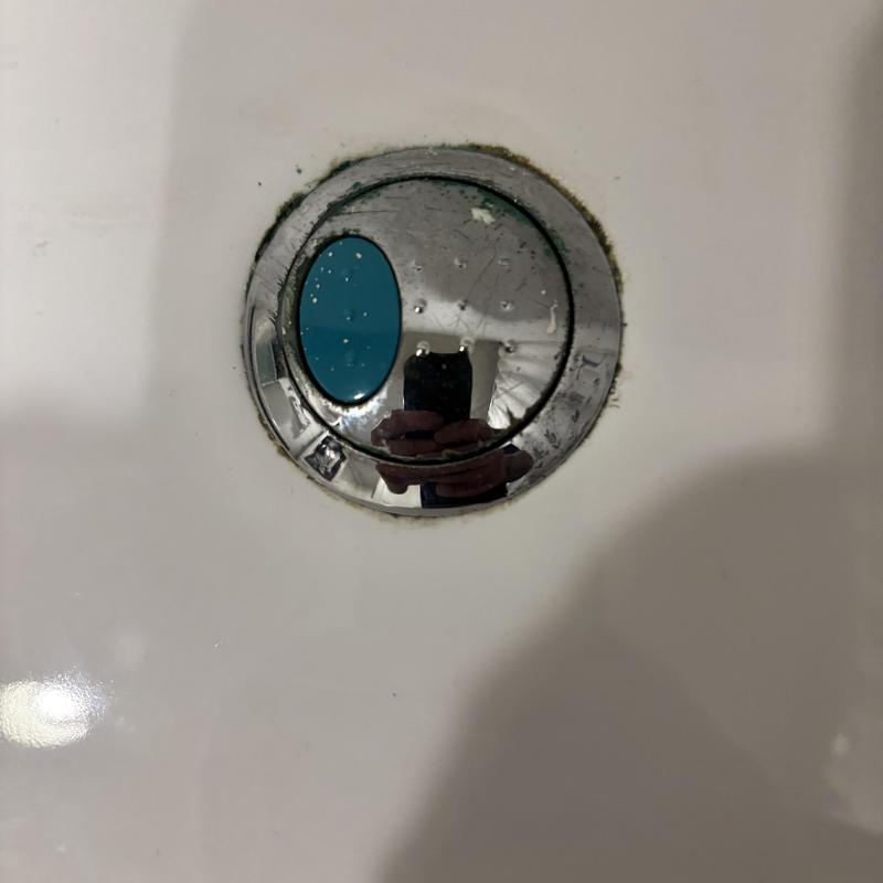 Toilet flush button with water spots and grime buildup