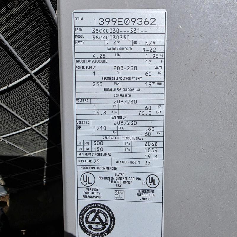 Carrier 38CKC030330 air conditioner specs label