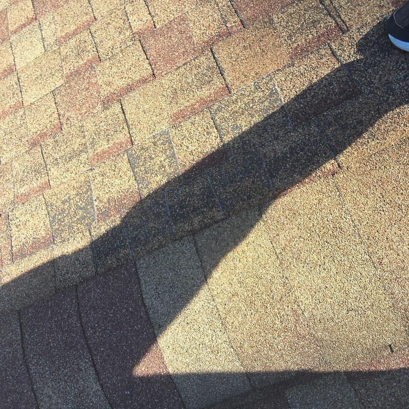 Asphalt roof shingles with visible wear and shadow