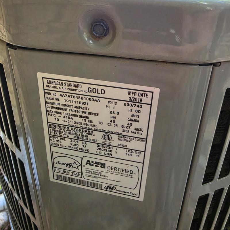 American Standard AC model 4A7A7048B1000AA label