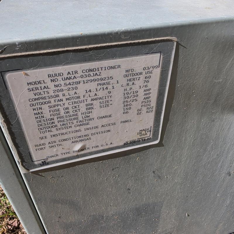 Ruud air conditioner UAKA-030JAZ model label close-up