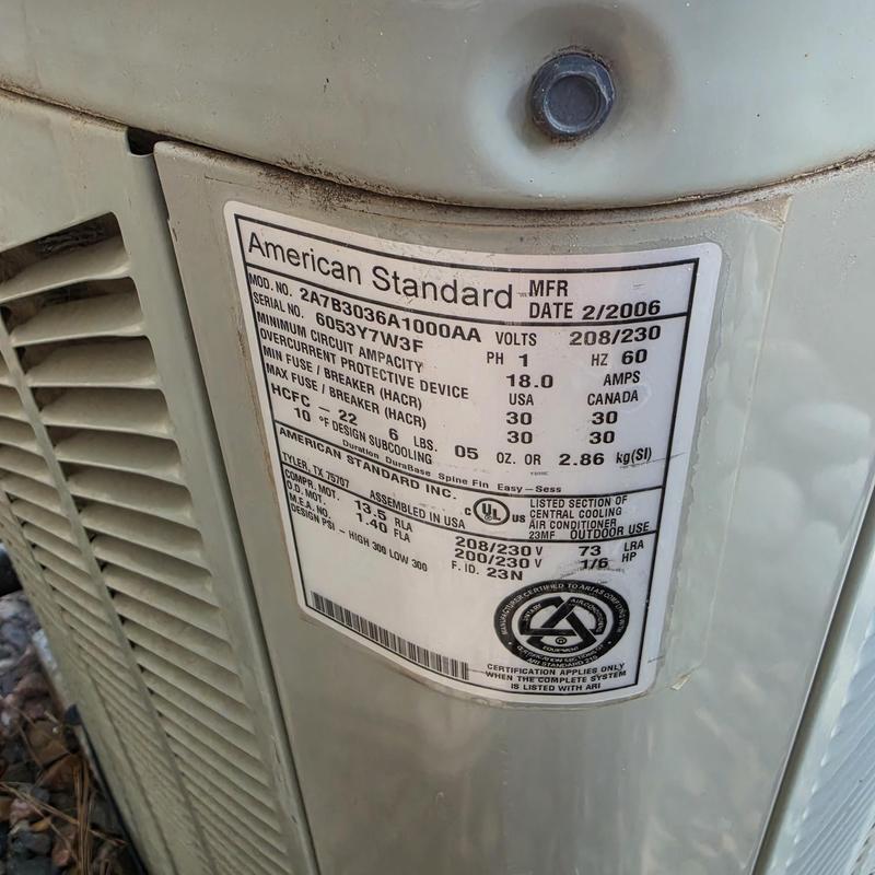 American Standard AC unit label and condenser coils