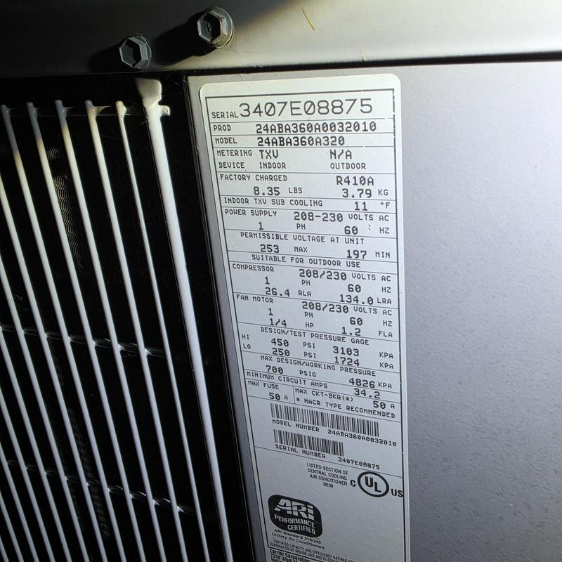Carrier 24ABA360A320 air conditioner unit label details
