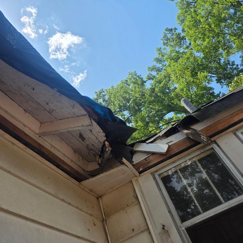 Roof framing and decking damage with tarping