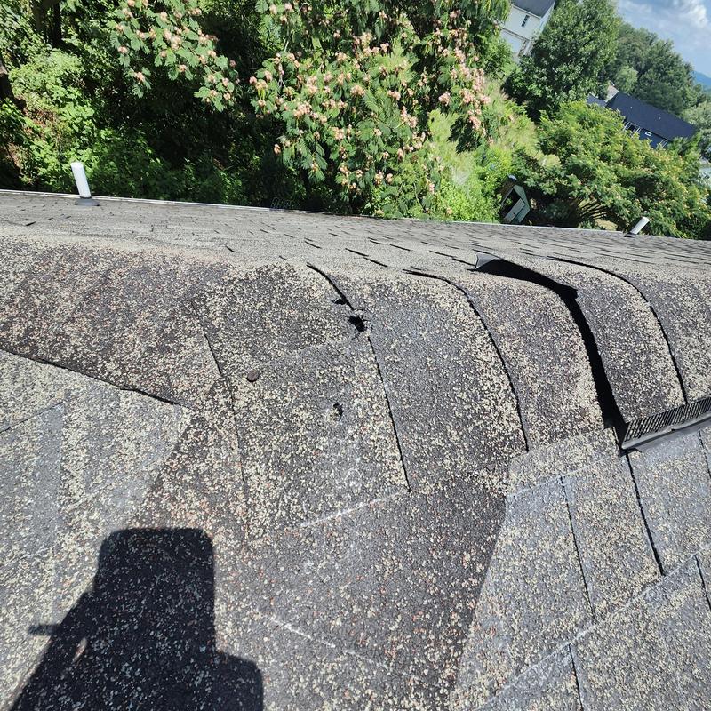 Asphalt roof shingles with visible damage and curling