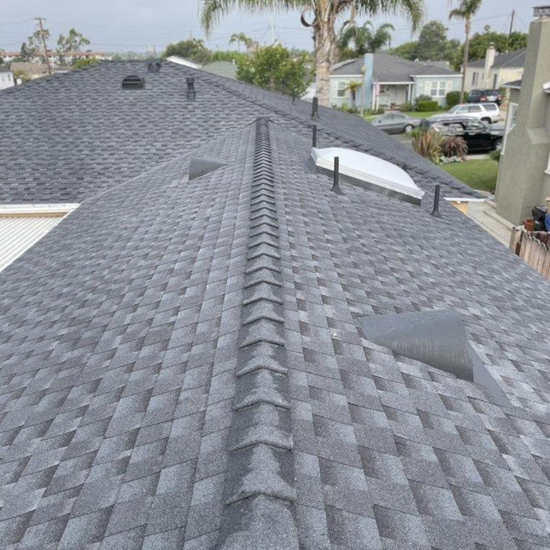Shingle roof ridge with vents and skylight in residential area Shingle roof ridge with vents and skylight in residential area