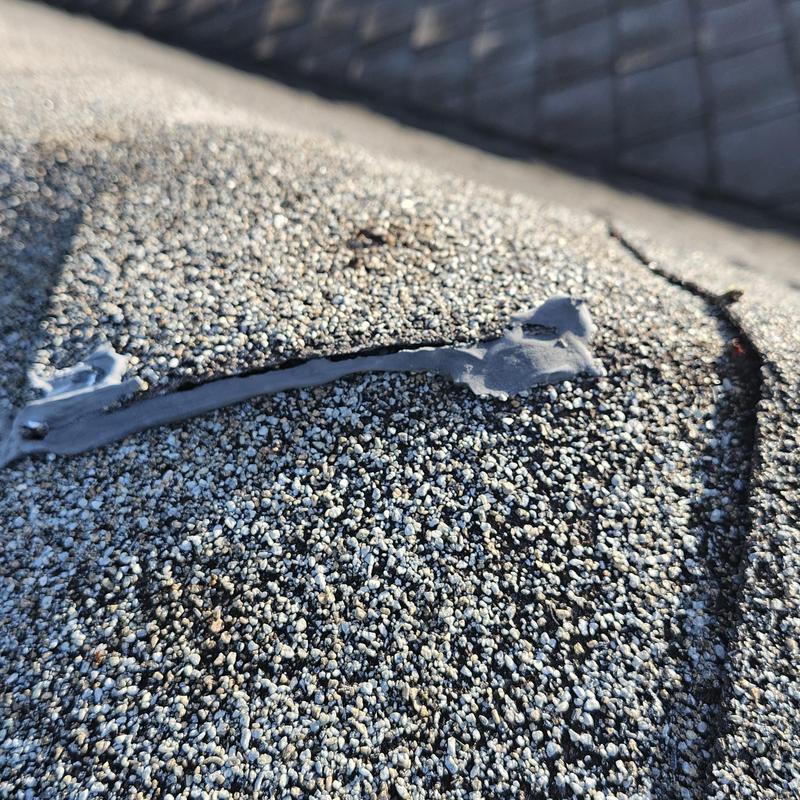 Shingled roof close-up with crack and sealant applied