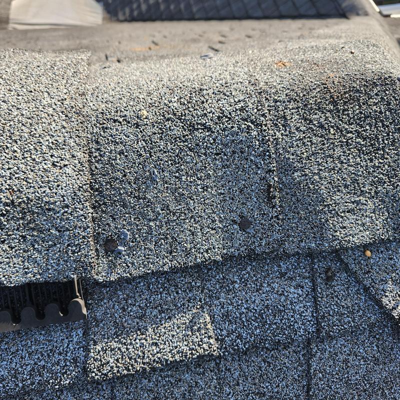 Asphalt shingle roof close-up with rusted nails