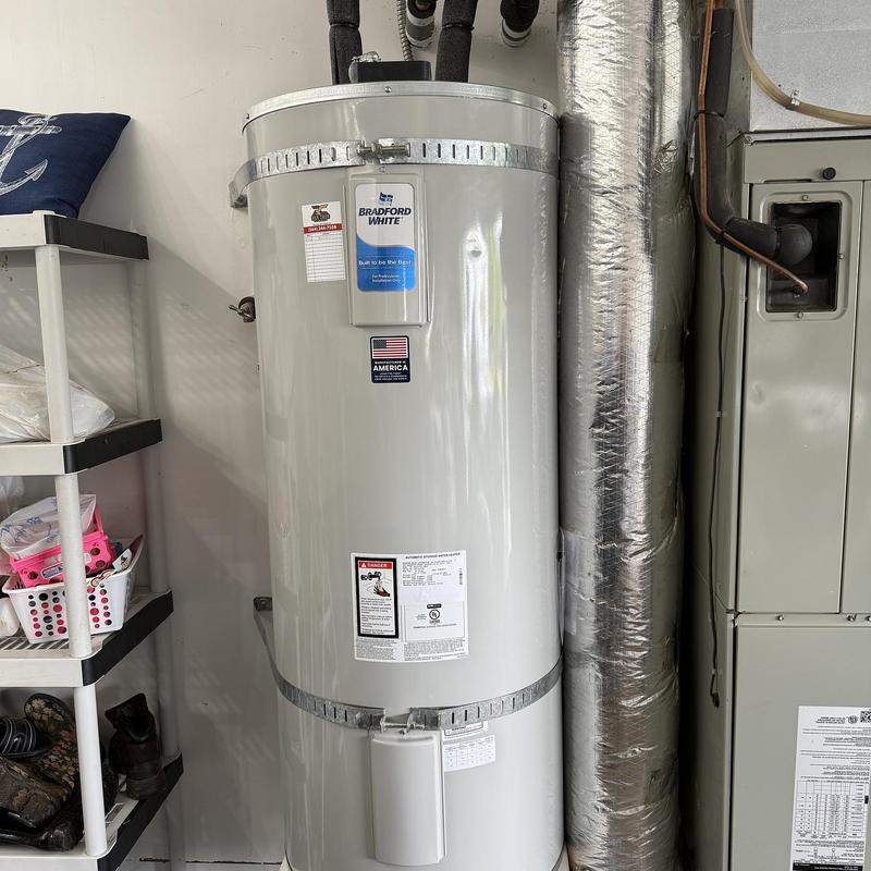 Bradford White electric water heater installed with straps Bradford White electric water heater installed with straps