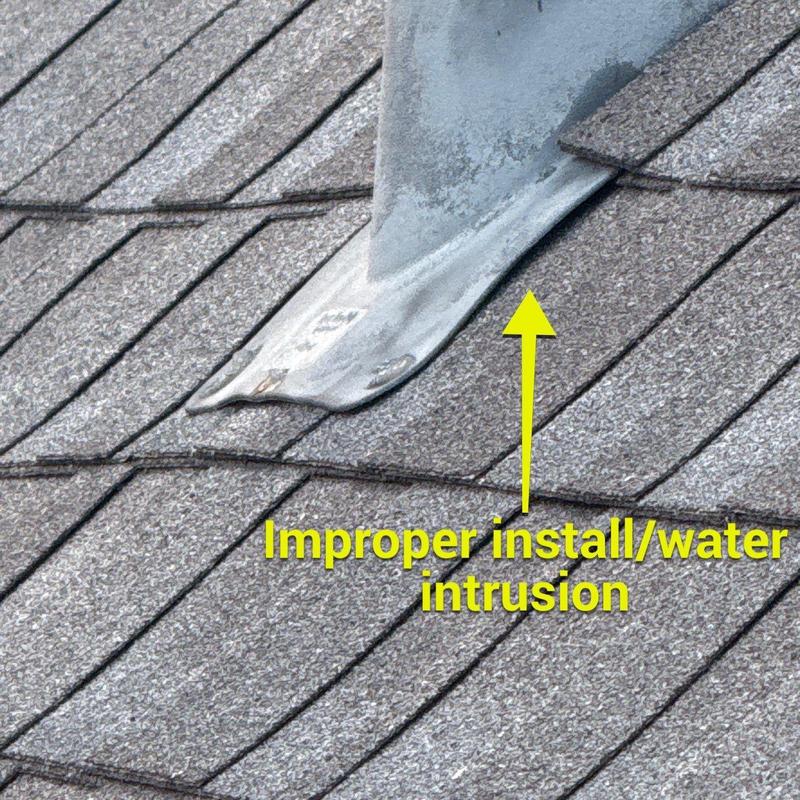 Roof penetration flashing with water intrusion and damage