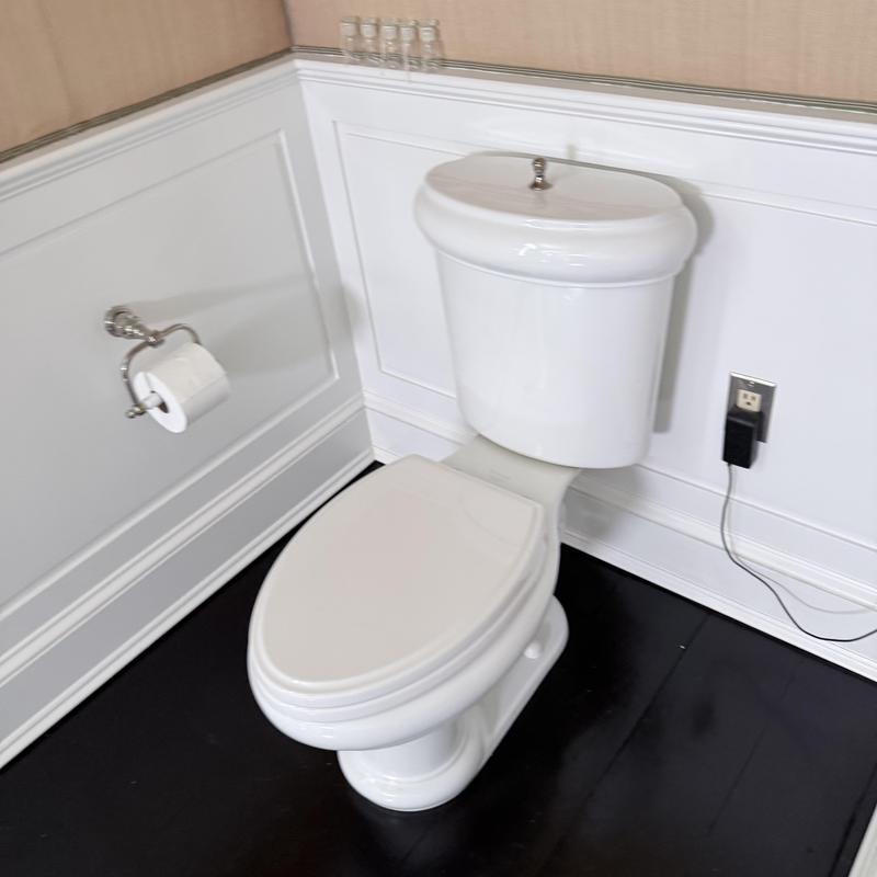 Toilet with rebuilt tank and new emergency stops