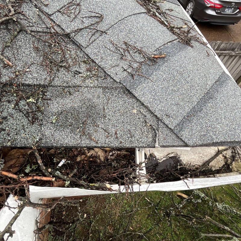 Asphalt roof shingles with debris in gutters