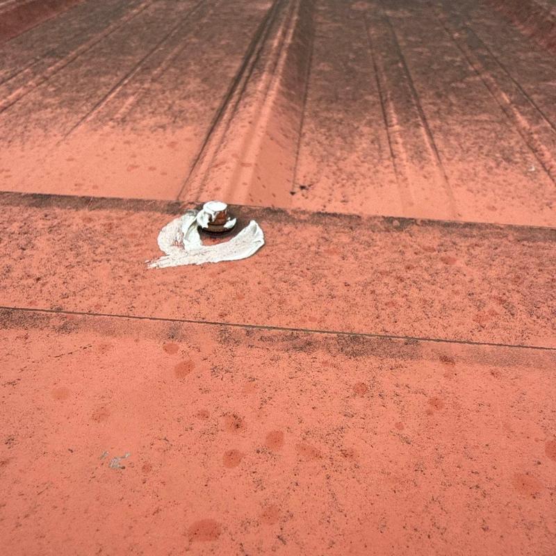 Metal roof panel with hail damage and sealant repair