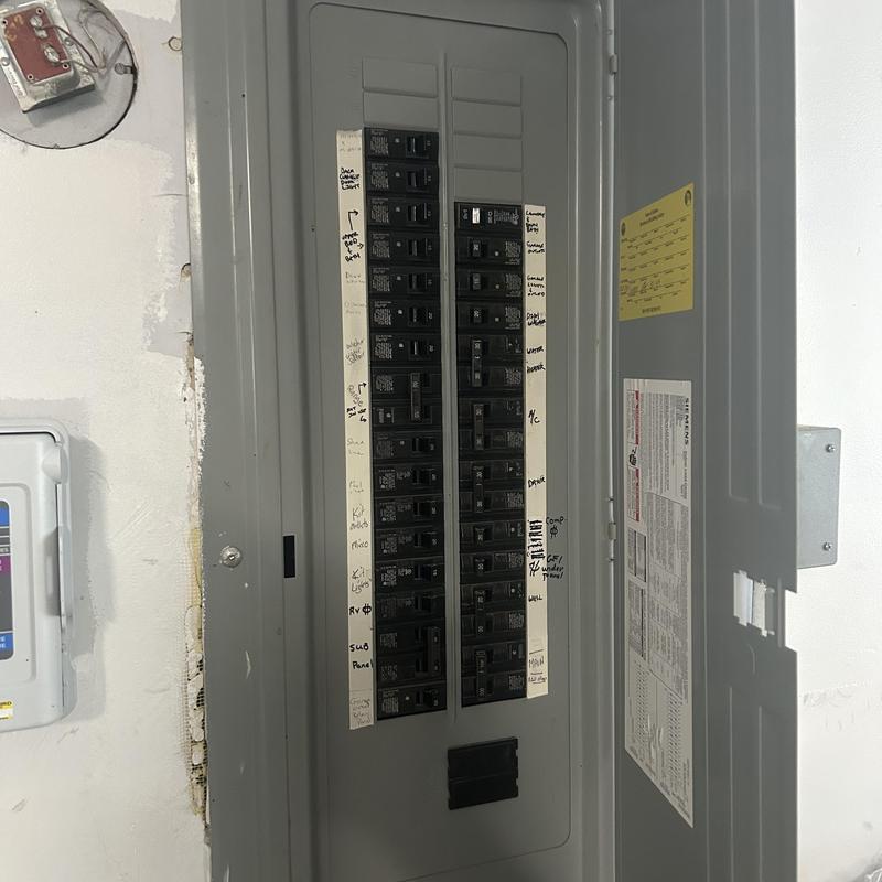Electrical breaker panel with labeled circuit breakers