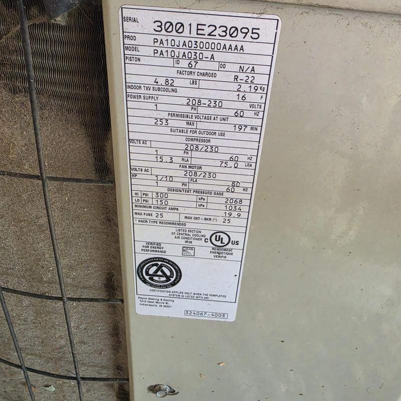 Payne PA10JA030-A air conditioner label close-up Payne PA10JA030-A air conditioner label close-up